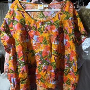 C&C California Vibrant Tropical Blouse - Orange and Green